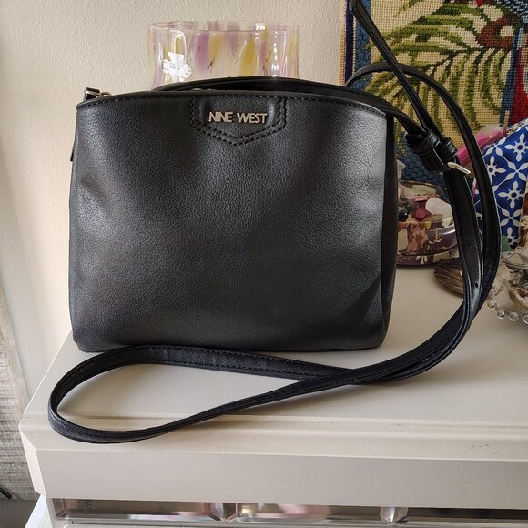 NINE WEST Faux Black Leather Tri Compartment Compact Crossbody Bag - Picture 1 of 14